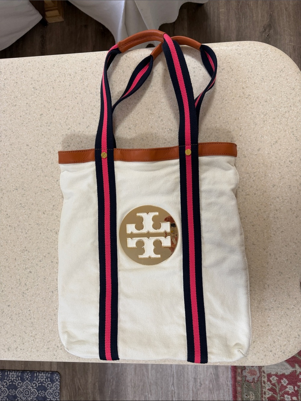 Tory Burch Cream Canvas Tote with Navy & Pink Straps